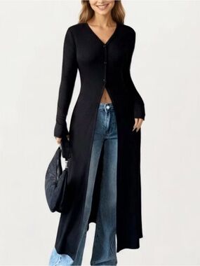 Anna-Kaci Women's Long Sleeve Maxi Cardigan with Button Front and Deep Side